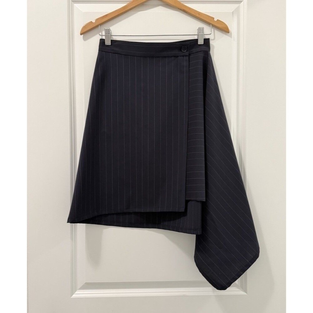 COS Wool A-Line Knee Skirt Navy Pinstripe Asymmetric Button High Rise US 4